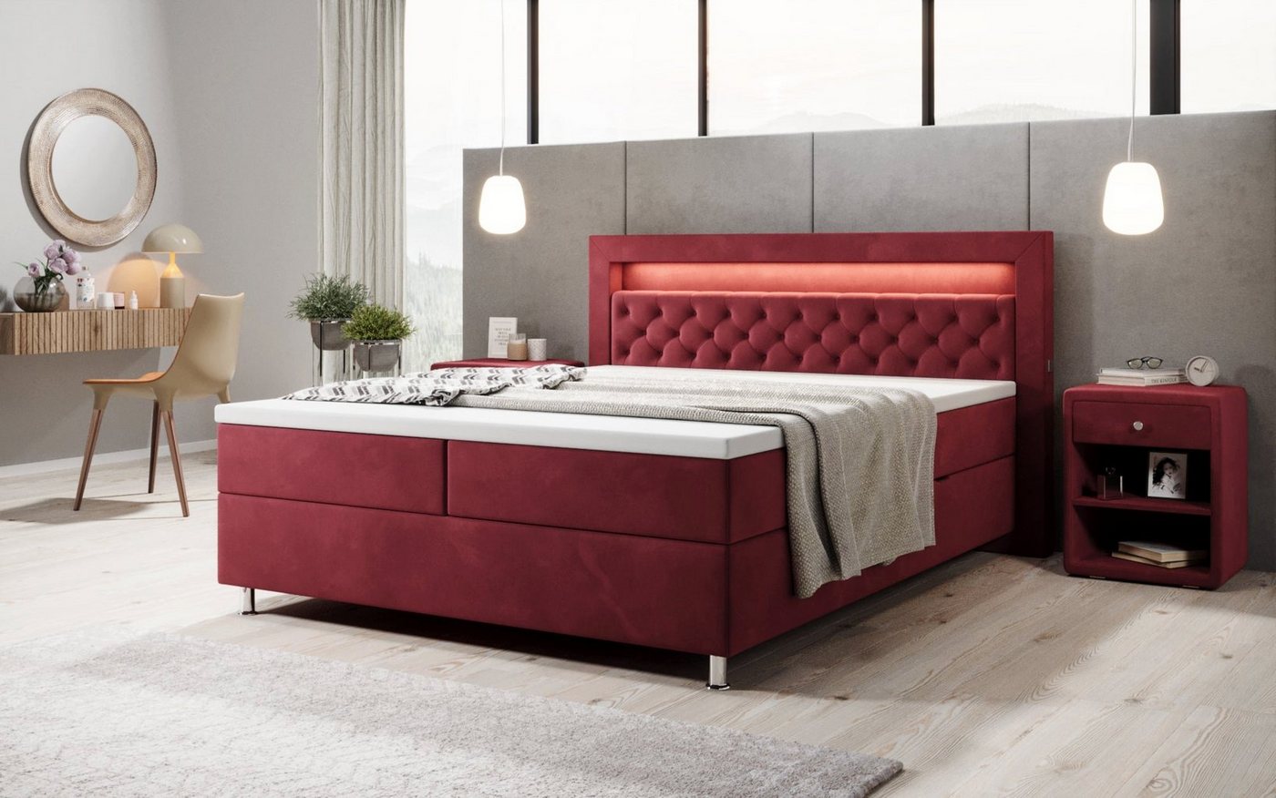 Luxusbetten24 Boxspringbett Troja, mit RGB-Beleuchtung, USB-Anschluss und Stauraum von Luxusbetten24