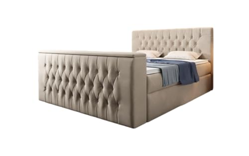 Luxusbetten24 Boxspringbett Velano 200x200 Doppelbett Polsterbett Bett mit TV Lift und Stauraum | Bezug: Samt | Farbe: Beige | Härtegrad: H4 (100kg+) von Luxusbetten24