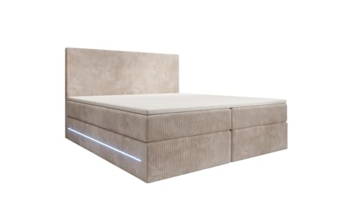 Luxusbetten24 Boxspringbett Voyage in Cord 140x200 mit Stauraum und LED-Beleuchtung | Bezug: Cord | Farbe: Beige | Härtegrad: H2 (bis 70kg) von Luxusbetten24