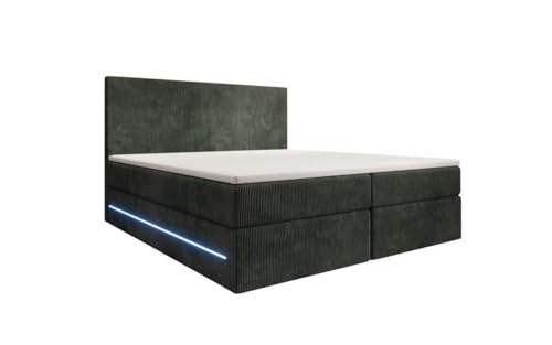 Luxusbetten24 Boxspringbett Voyage in Cord 200x200 mit Stauraum und LED-Beleuchtung | Bezug: Cord | Farbe: Grün | Härtegrad: H3 (70-100kg) von Luxusbetten24