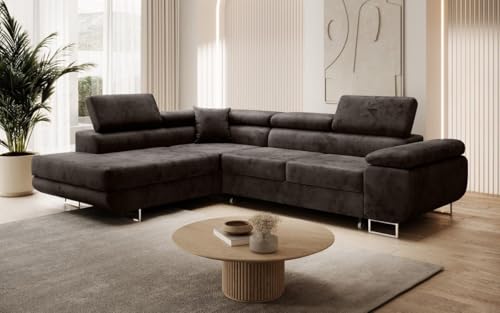 Luxusbetten24 Designer Sofa Aston mit Stauraum und Schlaffunktion | Bezug: Samt | Farbe: Dunkelbraun | Stellvariante: Links von Luxusbetten24