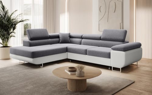Luxusbetten24 Designer Sofa Aston mit Stauraum und Schlaffunktion | Bezug: Stoff/Kunstleder | Farbe: Grau/Weiß | Stellvariante: Links von Luxusbetten24