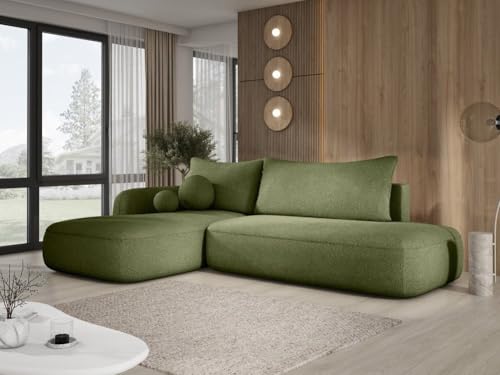 Luxusbetten24 Designer Sofa Babu Bouclé mit Stauraum und Schlaffunktion | Bezug: Bouclé | Farbe: Grün | Stellvariante: Links von Luxusbetten24