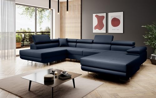 Luxusbetten24 Designer Sofa Designer Sofa Lago mit Stauraum und Schlaffunktion | Bezug: Kunstleder | Farbe: Blau | Stellvariante: Links von Luxusbetten24