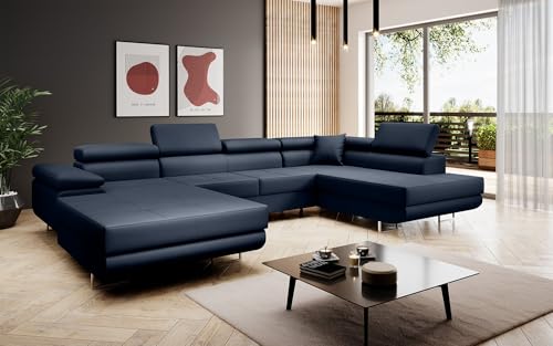 Luxusbetten24 Designer Sofa Designer Sofa Lago mit Stauraum und Schlaffunktion | Bezug: Kunstleder | Farbe: Blau | Stellvariante: Rechts von Luxusbetten24