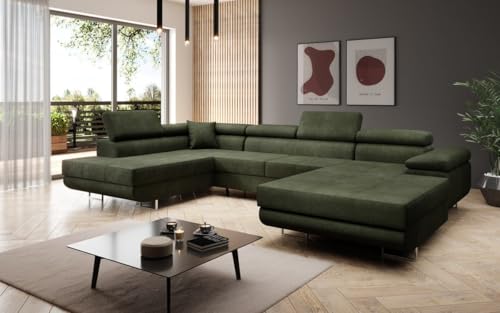 Luxusbetten24 Designer Sofa Lago mit Stauraum und Schlaffunktion | Bezug: Bouclé | Farbe: Grün | Stellvariante: Rechts von Luxusbetten24