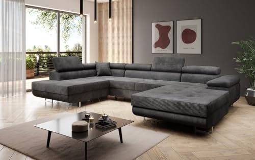 Luxusbetten24 Designer Sofa Lago mit Stauraum und Schlaffunktion | Bezug: Cord | Farbe: Grau | Stellvariante: Rechts von Luxusbetten24