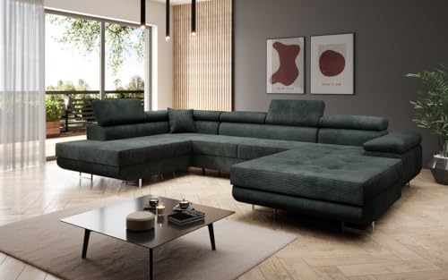 Luxusbetten24 Designer Sofa Lago mit Stauraum und Schlaffunktion | Bezug: Cord | Farbe: Grün | Stellvariante: Rechts von Luxusbetten24