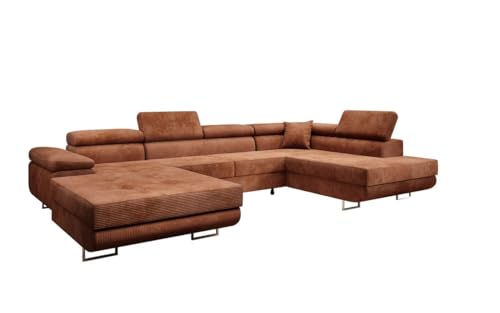 Luxusbetten24 Designer Sofa Lago mit Stauraum und Schlaffunktion | Bezug: Cord | Farbe: Orange | Stellvariante: Links von Luxusbetten24