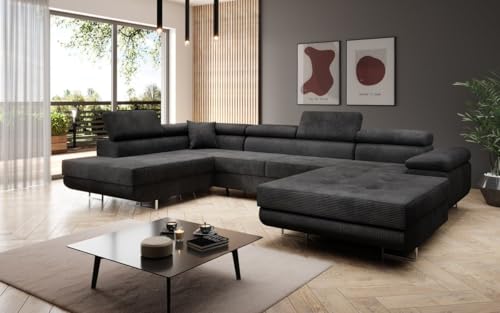Luxusbetten24 Designer Sofa Lago mit Stauraum und Schlaffunktion | Bezug: Cord | Farbe: Schwarz | Stellvariante: Rechts von Luxusbetten24