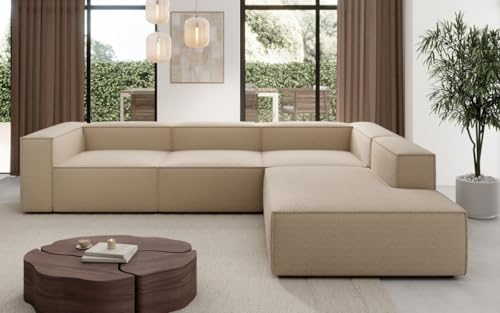 Luxusbetten24 Designer Sofa Lesley L in Bouclé mit Langer Ottomane Beige Rechts von Luxusbetten24