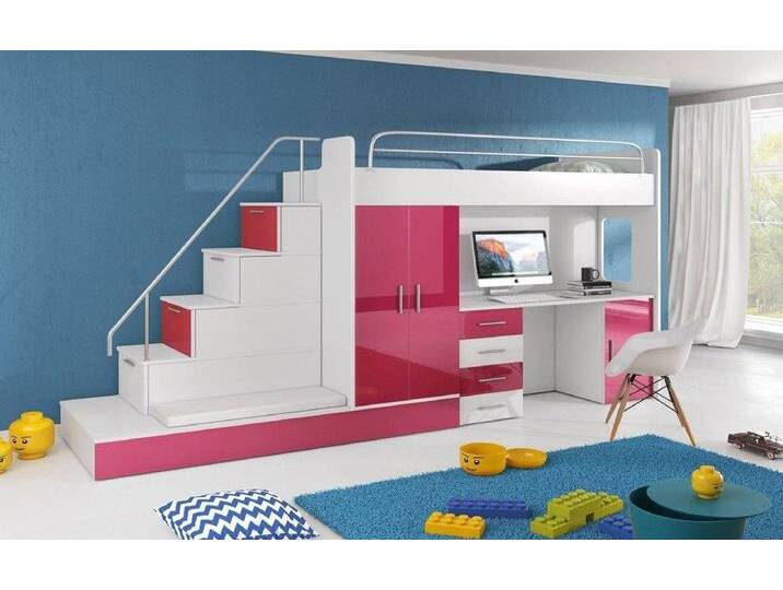Luxusbetten24 Hochbett Kinderhochbett Adventure mit Schreibtisch, Kleiderschrank und Staufächern, rosa, Pink von Luxusbetten24
