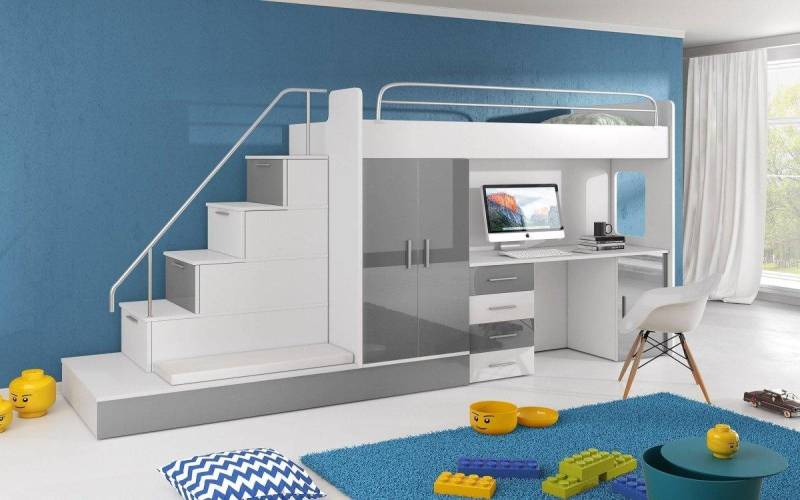 Luxusbetten24 Hochbett Kinderhochbett Adventure mit Schreibtisch, Kleiderschrank und Staufächern von Luxusbetten24