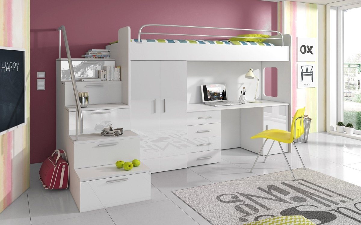 Luxusbetten24 Hochbett Kinderhochbett Dream mit Schreibtisch, Kleiderschrank und Staufächern von Luxusbetten24