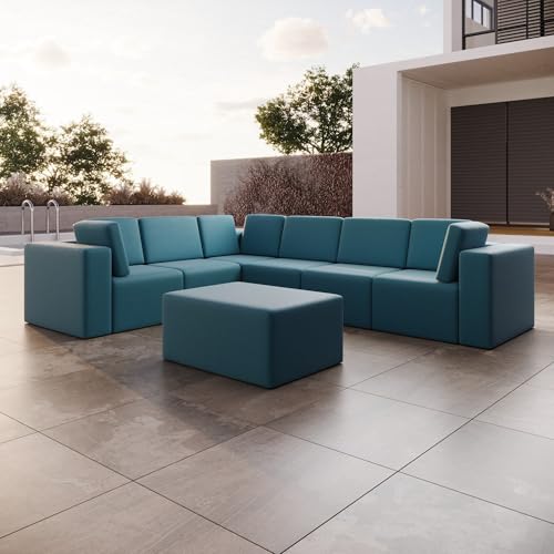 Luxusbetten24 Modulares Gartensofa Eden L Maxi mit Beistellhocker Blau von Luxusbetten24