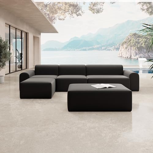 Luxusbetten24 Modulares Gartensofa Relax Ecklounge mit Beistellhocker Schwarz von Luxusbetten24