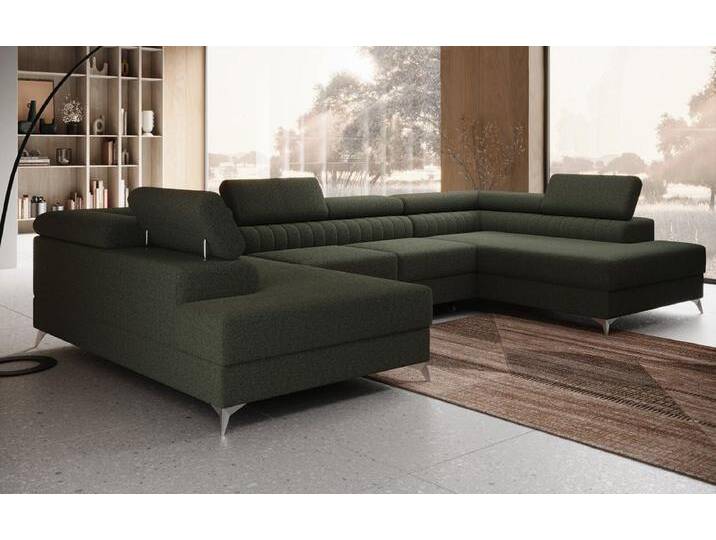Luxusbetten24 Schlafsofa Designer Sofa Aurea U in Bouclé, mit Stauraum und Schlaffunktion, grün, Grün von Luxusbetten24