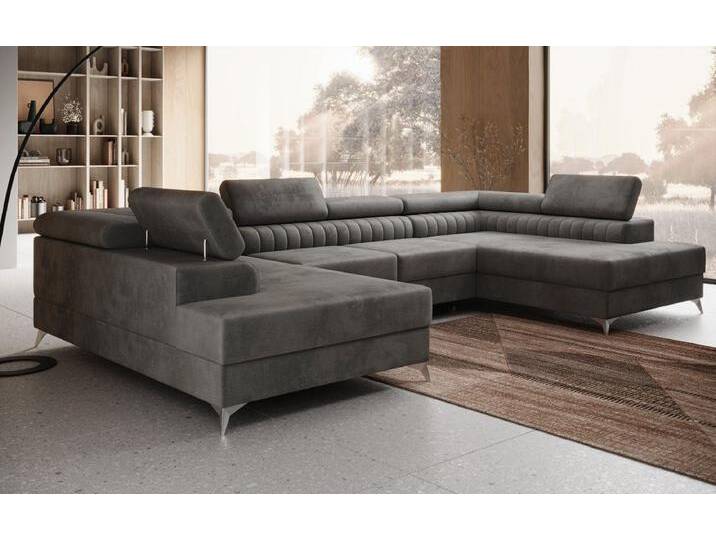 Luxusbetten24 Schlafsofa Designer Sofa Aurea U in Samt, mit Stauraum und Schlaffunktion, grau, Grau von Luxusbetten24