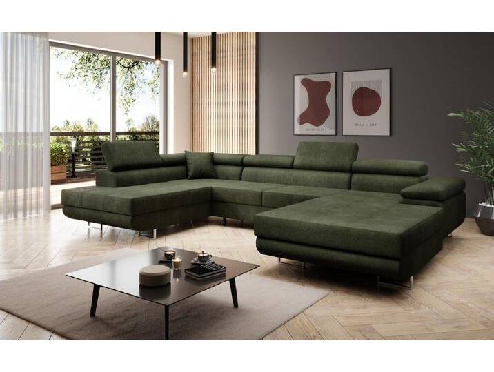 Luxusbetten24 Schlafsofa Designer Sofa Lago Bouclé, mit Stauraum und Schlaffunktion, grün, Grün von Luxusbetten24