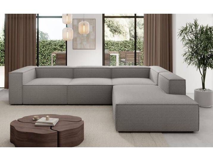 Luxusbetten24 Sofa Designer Sofa Lesley L in Bouclé, mit langer Ottomane, grau, Hellgrau von Luxusbetten24