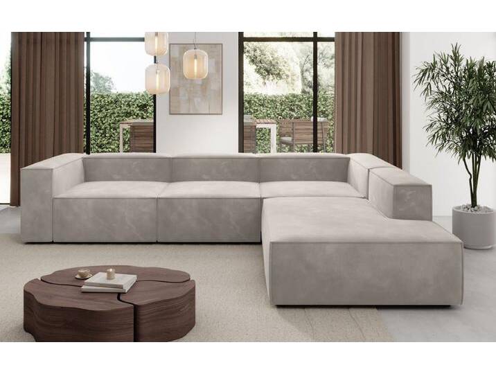 Luxusbetten24 Sofa Designer Sofa Lesley L in Samt, mit langer Ottomane, beige, Beige von Luxusbetten24