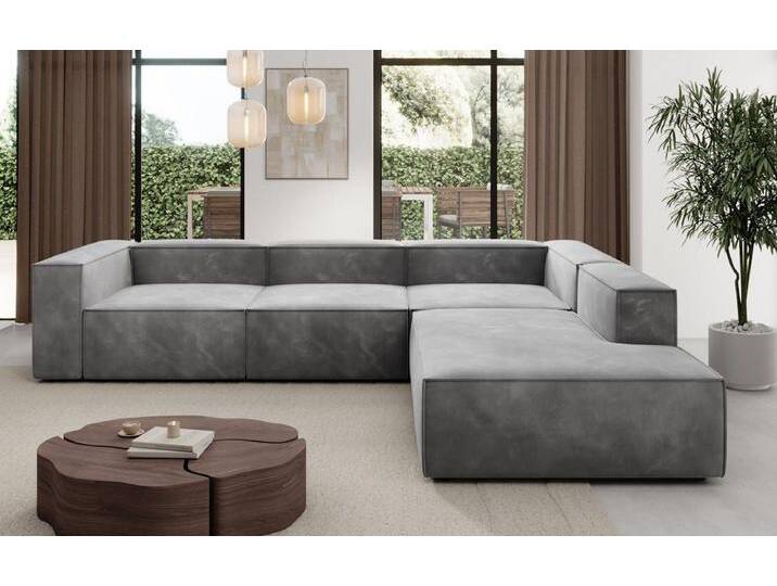 Luxusbetten24 Sofa Designer Sofa Lesley L in Samt, mit langer Ottomane, grau, Hellgrau von Luxusbetten24