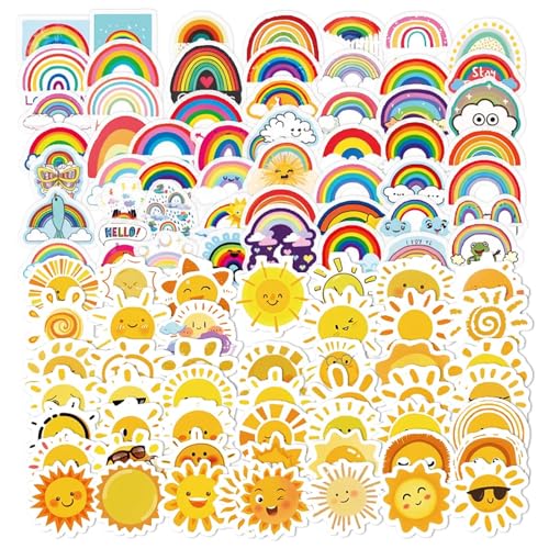 100 Stück Vinyl Aufkleber Set, Sonne & Regenbogen Design für Laptop Deckel, Skateboard, Auto, Fahrrad, Koffer – Graffiti Style Decals für DIY Deko, Teenager Zimmer & Outdoor von Luxvara