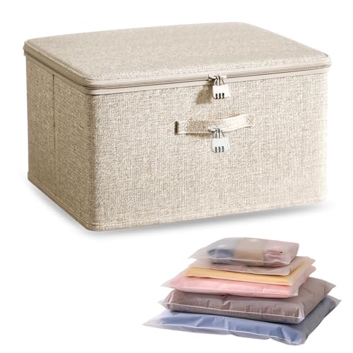 Abschließbare Aufbewahrungsbox, Faltbare Stoffbox, Aufbewahrungskiste mit 4 Aufbewahrungstasche, Aufbewahrungsboxen mit Deckel und Griff, Faltboxen für Kleidung, Toys, Bücher, 40 x 30 x 21 cm, Beige von Luxvara
