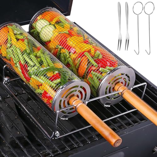 Grillkorb Edelstahl 2 Stück,Rollender Grillkorb Zylindrisch mit Abnehmbarem Holzgriff,BBQ Grillzubehör für Außengrill Camping - Gemüse Fisch Fleisch Meeresfrüchte,Grillnetzrohr Geschenke für Männer Grillkorb Edelstahl 2 Stück,Rollender Grillkorb Zylindrisch mit Abnehmbarem Holzgriff,BBQ Grillzubehör für Außengrill Camping - Gemüse Fisch Fleisch Meeresfrüchte,Grillnetzrohr Geschenke für Männer von Luxvara