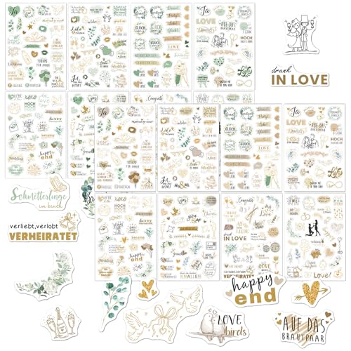 Hochzeit Sticker Gästebuch(400+ Aufkleber), Aufkleber für Fotoalbum und Scrapbook, Hochzeitssticker als Deko mit Herz und Liebe, Aufkleber Liebe für Gästebuch und Hochzeitsalbum(Creme+Grün) von Luxvara