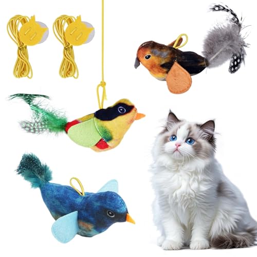 Luxvara 3 Stück Interaktives Katzenspielzeug Vogel mit Katzenminze, Katzenspielzeug Vogel Flattern, Interaktive Katzespielzeug Zwitschern Feder Katzespielzeuge mit Karabiner Elastisches Seil, 3 Farben von Luxvara