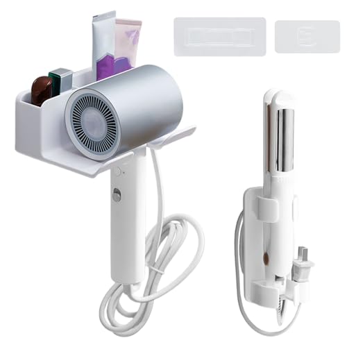 Luxvara 2PCS Fönhalter Ohne Bohren, Lockenstab Halterung, Praktische Haartrocknerhalter, Föhn Halterung mit Steckerhalter und Aufbewahrung, Passen die Meisten Haartrockner von Luxvara