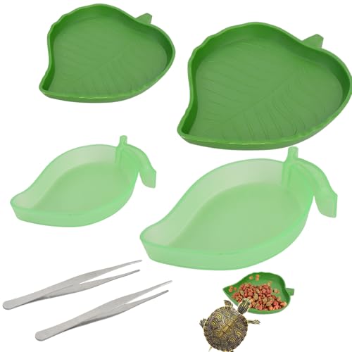 Wasserschale Terrarium, 4 Stück Reptilien Wasserschale, Reptilien Näpfe mit 2 Pinzetten aus Edelstahl, Futterschale Plastik für Schlange Schildkröte Gecko Eidechsen, Mango und Blattform von Luxvara