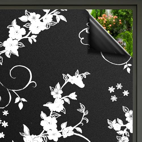 Fensterfolie Schwarz Verdunkelungsfolie Fensterfolie Blickdicht Selbsthaftende Fenster Anti-UV Sonnenschutzfolie Milchglasfolie Selbstklebend Statische Folie, Motiv Blume 44.5 x 300cm von Luxvara