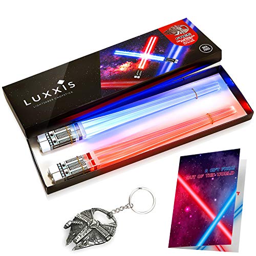 Luxxis Lichtschwert-Essstäbchen, leuchtende Essstäbchen für Star Wars, Geschenk-Set, Themenparty, Spaß [2 Paar - Rot und Blau] mit Flaschenöffner und Geschenkpostkarte von Luxxis