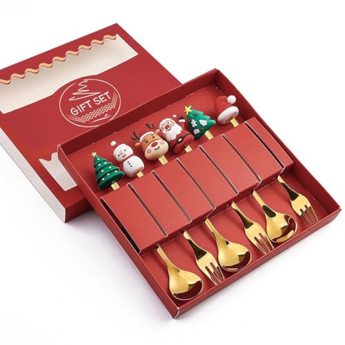 6-teiliges Weihnachts-löffel-gabel-set, Goldenes Weihnachtsbesteck Weihnachtsmuster, Kaffeelöffel, Dessertlöffel, Obstgabel von Luxylei