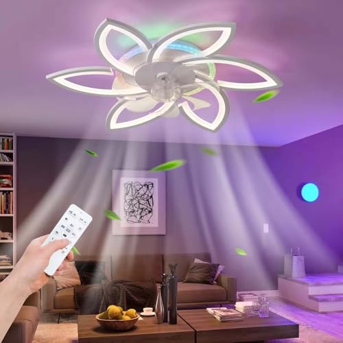 Luyaim 78CM Deckenventilator Mit Licht Und Fernbedienung/APP Dimmbar RGB 6 Geschwindigkeiten Blume Modernes Design Für Kinderzimmer Wohnzimmer Weiß Sommer Winterbetrieb Reversibel von Luyaim