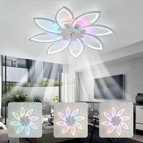 Luyaim 87CM Weißer Blumen-Deckenventilator Mit Licht, Dimmbar RGB Farbwechselndes Modern Fan Lampe Mit Ventilator Mit Fernbedienung/APP DC Motor 6 Geschwindigkeit Für Schlafzimmer Wohnzimmer von Luyaim
