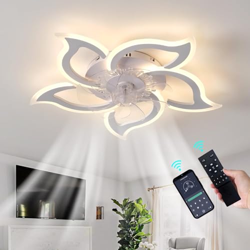 Luyaim Blumenform Deckenventilator Mit Beleuchtung Und Fernbedienung, Leise 6 Geschwindigkeit DC Motor Weiß Licht Mit Ventilator Für Schlafzimmer Wohnzimmer LED 6 Lichter Ventilator Lampe-White von Luyaim