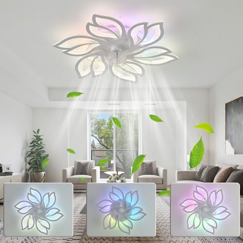 Luyaim RGB Flower Deckenventilator Mit Licht Und Fernbedienung Leise Reversible DC Motor Schlafzimmer Licht Mit Ventilator LED Dimmbar Wohnzimmer Ventilator Lampe Design, 6 Lichter, Memory-Funktion von Luyaim