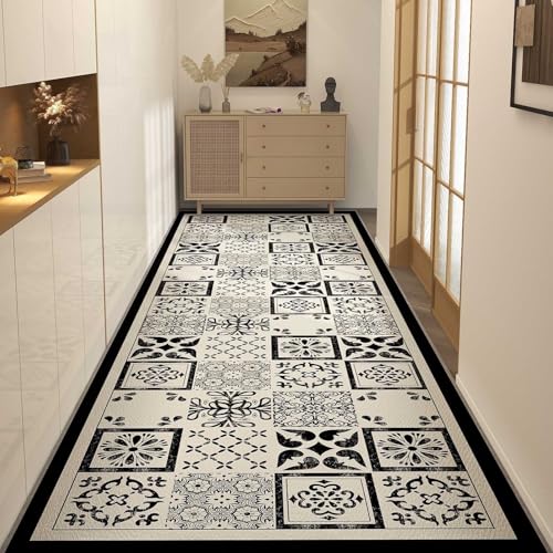 Luyckfrazy Flurläufer, Schwarz/Beige, 2 m, 250 cm, 3 m, 350 cm, 4 m, 5 m, 6 m, extra lang, rutschfest, waschbar, schmal, für Treppen, Küchen, Eingangsbereich(100×350cm) von Luyckfrazy
