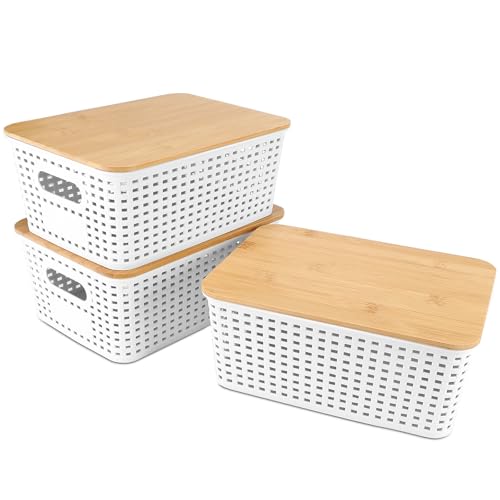 Luziyun 3 StüCke Aufbewahrungsbox Mit Bambus Deckel Aufbewahrungsboxen Kunststoff Aufbewahrungsbox Bad Stapelbare Kisten Aufbewahrung Mit Deckel Box Mit Deckel FüR KüChe Schlafzimmer Kleiderschrank von Luziyun