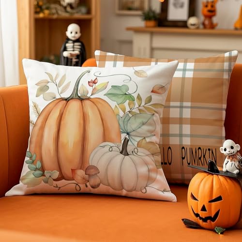 Luzzxfa 2er Set Erntedankfest Kissenbezug 40x40 cm Kürbisse Herbst Kissenbezüge Orange Blätter Sofakissen Samt Kissenhülle Dekorative Kissen für Garten Parteien Wohnzimmer Bett Studie von Luzzxfa