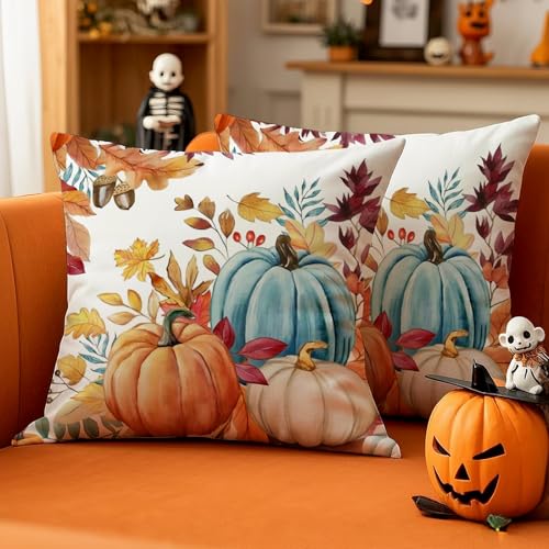 Luzzxfa Blau Herbst Kürbisse Kissenbezug 40x40 cm 2er Set Orange Ahornblatt Kissenbezüge Sofakissen Samt Kissenhülle Dekorative Kissen für Garten Parteien Wohnzimmer Bett Studie von Luzzxfa