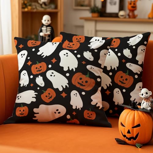 Luzzxfa Geist Kürbisse Herbst Kissenbezug 45x45 cm 2er Set Halloween Kissenbezüge Schwarz Sofakissen Samt Kissenhülle Dekorative Kissen für Garten Parteien Wohnzimmer Bett Studie von Luzzxfa