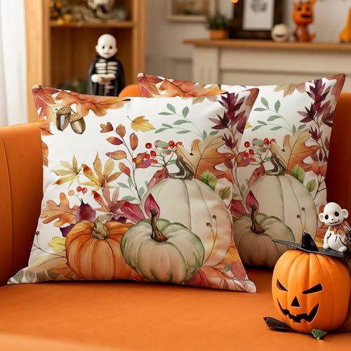 Luzzxfa Herbst Ahornblatt Erntedankfest Kissenbezug 40x40 cm 2er Set Orange Kürbisse Kissenbezüge Sofakissen Samt Kissenhülle Dekorative Kissen für Garten Parteien Wohnzimmer Bett Studie von Luzzxfa