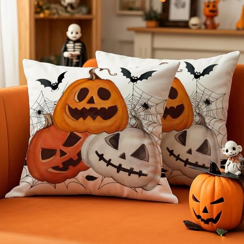 Luzzxfa Spinnennetz Jack-o'-Lantern Happy Halloween Kissenbezug 45x45 cm 2er Set Schläger Kissenbezüge Sofakissen Samt Kissenhülle Dekorative Kissen für Garten Parteien Wohnzimmer Bett Studie von Luzzxfa