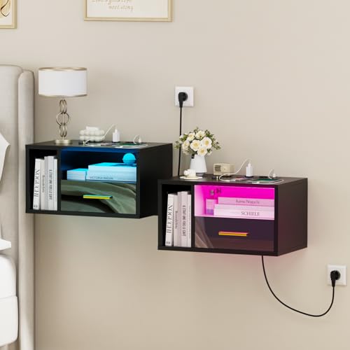 Lvhcmfohm 2er Set Nachttisch Hängend mit Steckdose, Nachtschrank mit 1 Schublade und Offenes Fach, Nachtkästchen Schwebend mit Led, Wandregal für Wohnzimmer, Schlafzimmer, 46.5x30x25.5cm, Schwarz von Lvhcmfohm