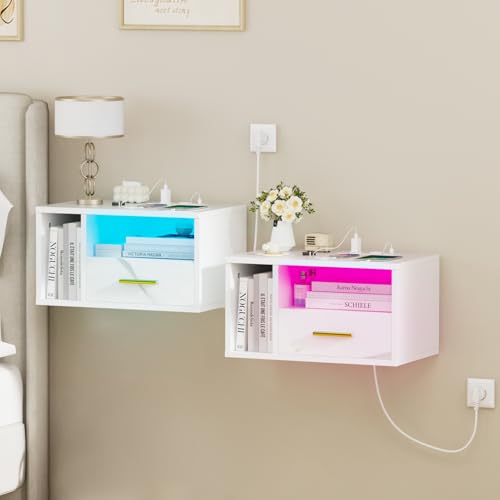 Lvhcmfohm 2er Set Nachttisch Hängend mit Steckdose, Nachtschrank mit 1 Schublade und Offenes Fach, Nachtkästchen Schwebend mit Led, Wandregal für Wohnzimmer, Schlafzimmer, 46.5x30x25.5cm, Weiß von Lvhcmfohm
