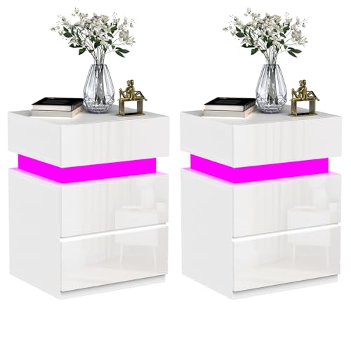Lvhcmfohm 2er Set Nachttisch LED, Nachtschrank mit LED-Beleuchtung 25 Lichtfarben, Nachtkästchen Weiß, Sofatisch 3 Schubladen Hochglanz, Kabelführung, 35x40x55cm, Weiß von Lvhcmfohm